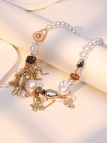 1pc Natural Wood & Coconut Shell Beaded Necklace, Casual Fashion Accessory For Women, Suitable For Beach, Daily Wear - Coffee - View 4