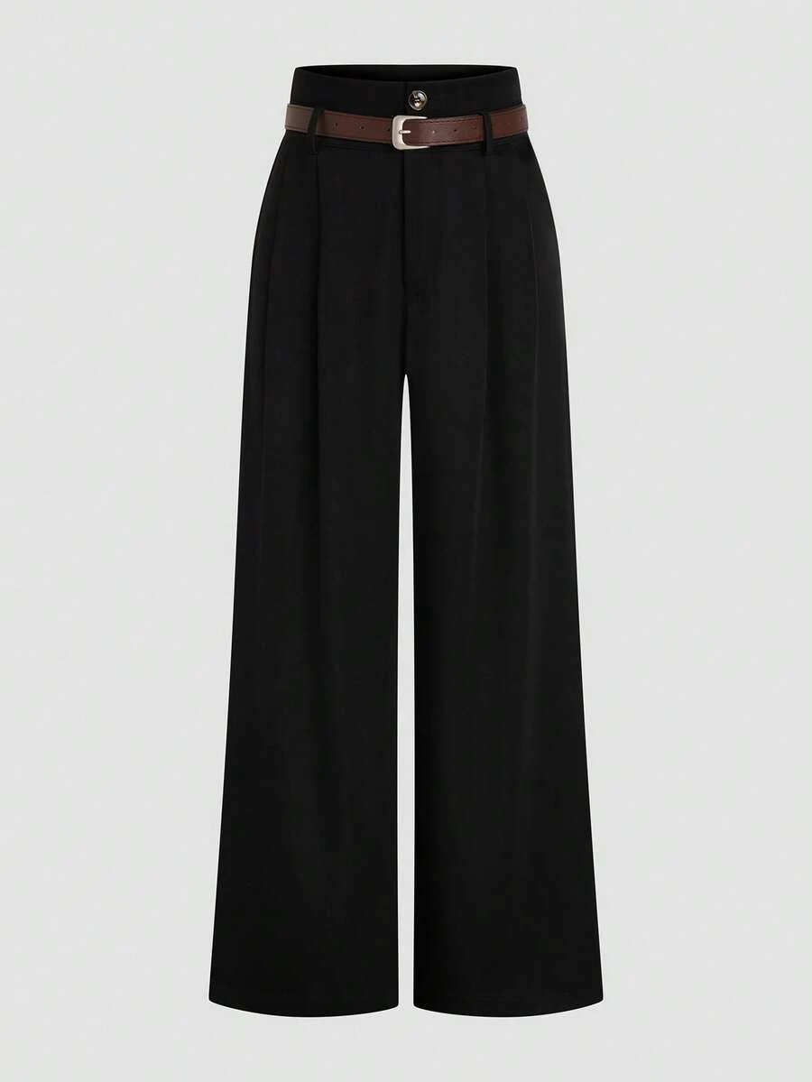 Women's Casual Solid Color Wide Leg Pants - Black - View 1