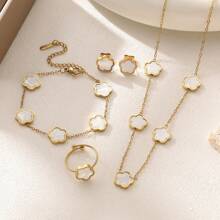 4pcs Stainless Steel 5 Petals Flower Jewelry Set: 1 Necklace + 1 Bracelet + 2 Earrings, Elegant & Fashion For Women Valentines,Mom,Mother,Mother's Day,Gift