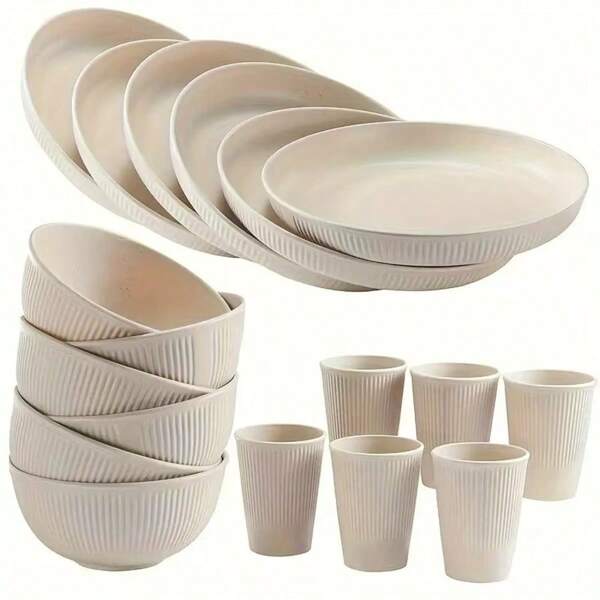 18pcs/Set Dinnerware Set, Ins Style Beige Vertical Stripe & Black Horizontal Stripe Plates, Bowls, Cups Combination, Simple Elegant Healthy Tableware For Home, Dining Room, Kitchen, Picnic, Party, Wedding, Holiday,School Supplies