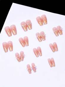 24 片粉色渐变极光蝴蝶棺材形亚克力指甲贴，优雅可爱可拆卸指甲贴适合日常佩戴，舒适且易于粘贴/去除，适合女性和女孩按压指甲美甲用品 - 粉色 - 查看 4