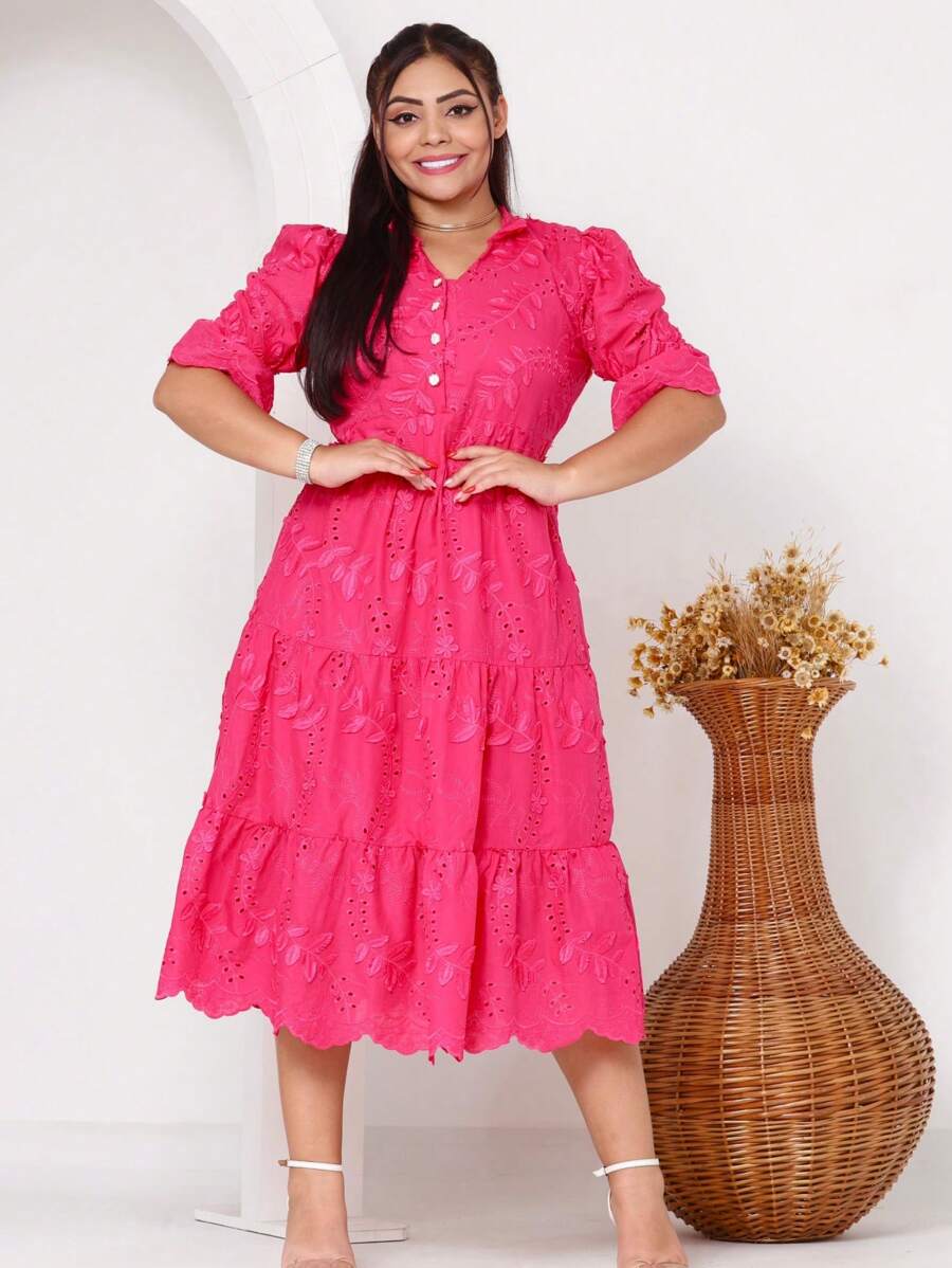 Women's Fashion Midi Dress In 3D Laise Fabric With Elastex On The Back And Button On The Front And Lining - 玫紅色 - 查看 1