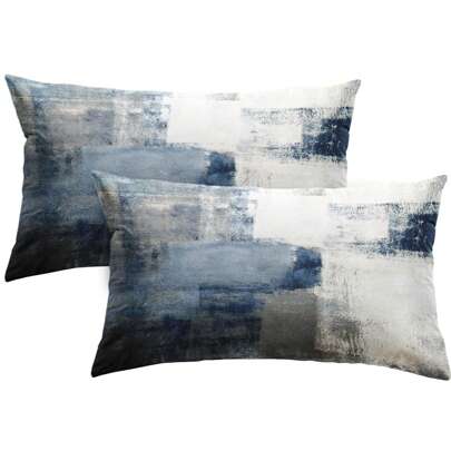 2个12英寸x20英寸枕套，现代家居装饰艺术风格，适用于卧室和客厅，蓝白双面设计，不含枕芯