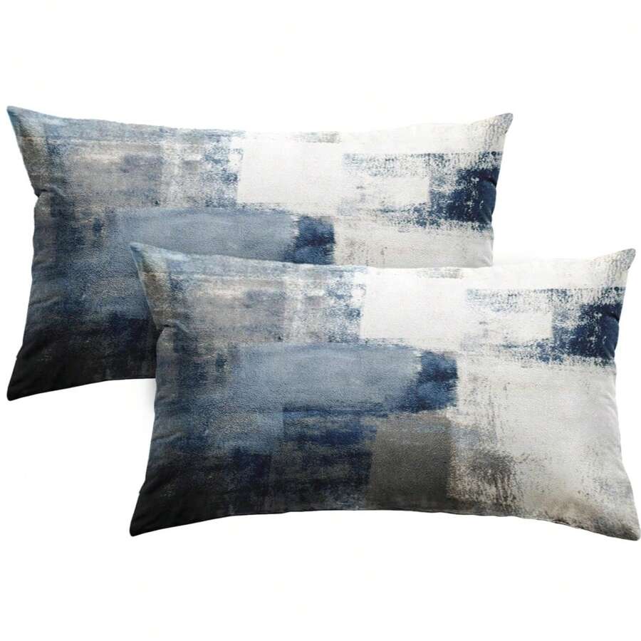2个12英寸x20英寸枕套，现代家居装饰艺术风格，适用于卧室和客厅，蓝白双面设计，不含枕芯 - 藍白 - 查看 1