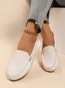 New Plus Size Lightweight Flat Slip-On Loafers, Casual Daily Commute Shoes, Solid Color, Metal Buckle, Round Toe, Breathable Fabric Patchwork, Handmade Lace, Rhinestone Embellished, White Women Leisure Moccasins, Suitable For Spring, Summer, All Season - White - View 3