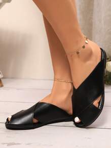 Women's New Criss-Cross Strap Flat Casual Versatile Black Comfortable Slippers, Solid Color Simple Style, Elegant Minimalist Design Suitable For Dates