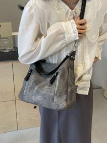 Matte Textured Large Capacity Fashionable Versatile Shoulder Bag, High-End Feel Beach Tote Handbag Shopping Bag - Black - View 7