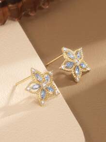1 Pair S925 Sterling Silver Earrings With Light Blue Zirconia Flower Design, Golden Hollow, Versatile & Delicate Jewelry, Elegant Gift For Women - Gold - View 5