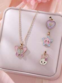 4 件儿童卡通蝴蝶、彩虹和皇冠锌合金 DIY 吊坠项链