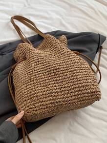 时尚休闲纯色多功能度假旅行购物大容量草编手提单肩包