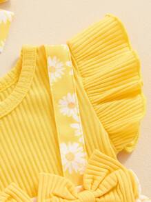 Newborn Girl Outfit, Fly Sleeve Flower Print Bow Patchwork Romper With Hairband Summer Clothes - 黃色 - 查看 5