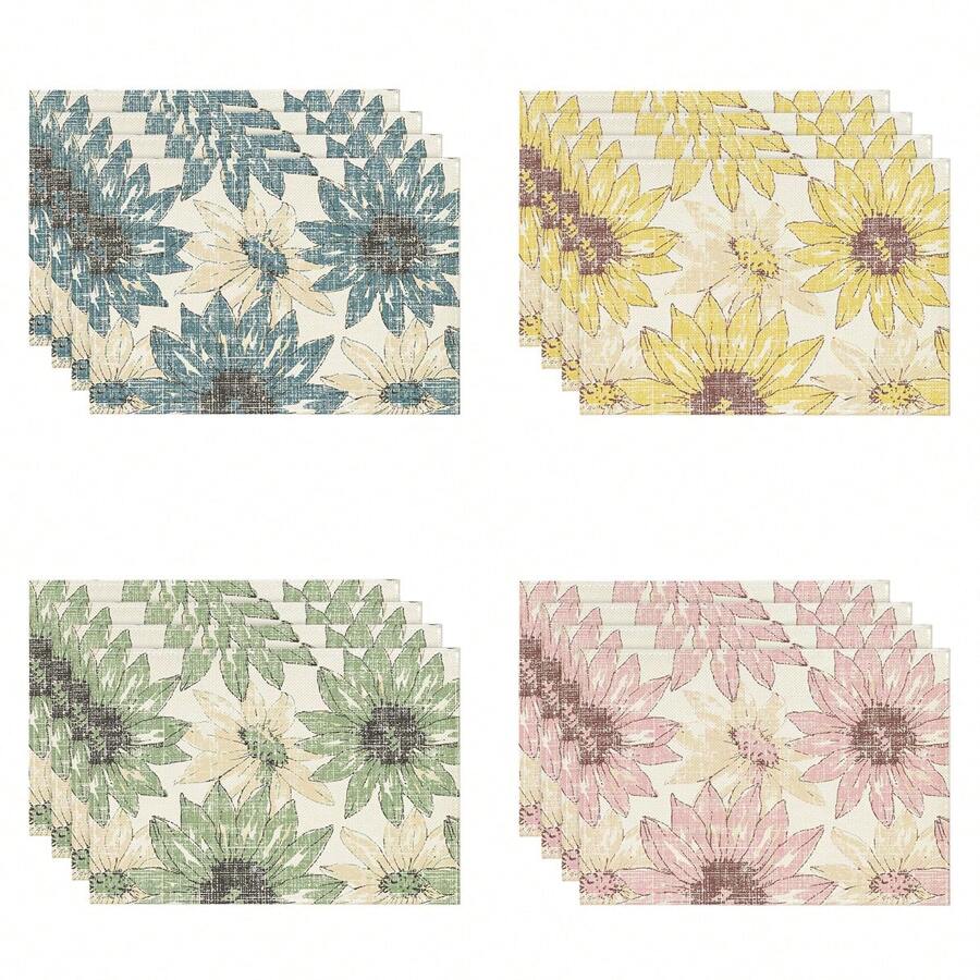 1pc/1set Sunflower Pattern Linen Placemats, Tablecloth And Table Runner Set, 12"X18"/13"X72" Seasonal Kitchen Dining Table Decor, Party & Home Decoration - Multicolor - View 1