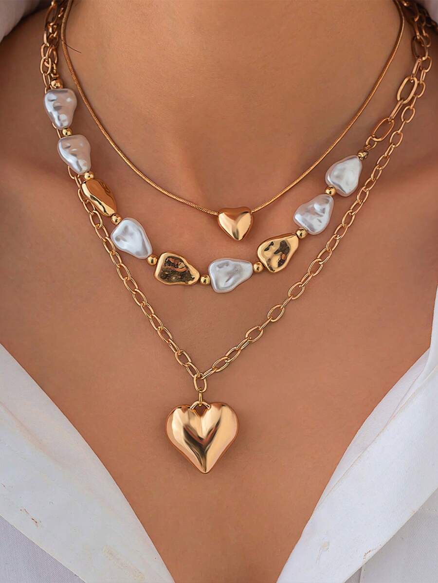 时尚爱心吊坠具有设计感不对称仿珍珠折叠项链 - 項鍊套裝 - 查看 1