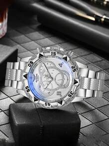 1 件/套时尚简约三眼混合刻度石英钢带手表，适合日常搭配、生日礼物、万圣节礼物、年终促销、光棍节 - 銀色 - 查看 2