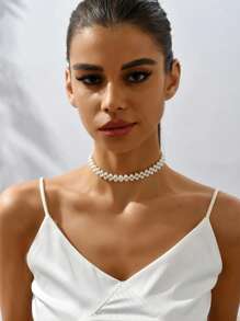 1pc Classic Faux Pearl Braided Choker Necklace