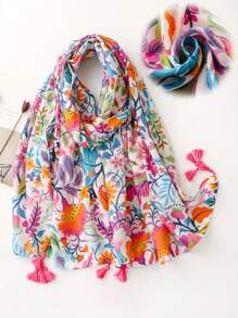 1 件女士时尚花卉图案优雅流苏针织围巾/披肩，适合海滩、旅行、派对