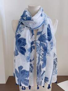 1pc Women's Fashion Ditsy Floral Tasseled Elegant Scarf, Versatile For Beach, Shawl, Headwrap, Suitable For Vacation, Party, Dating, Travel - Blue - View 2