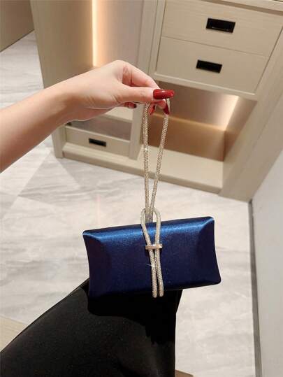 女士时尚闪亮水晶装饰缎面盒状手拿包，适合晚会、圣诞舞会的晚会包