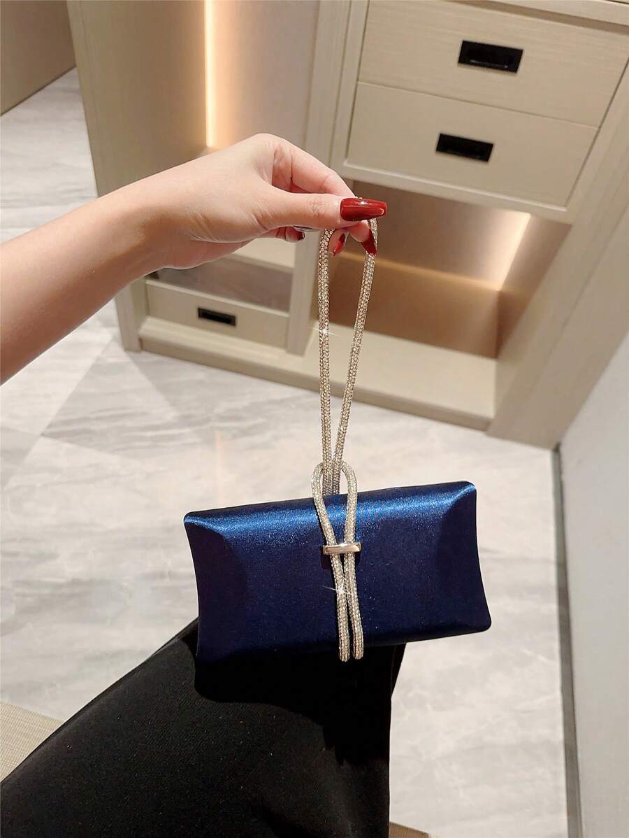 Women's Fashionable Sparkling Crystal Decor Satin Box Clutch Purse, Evening Party Bag For Gala, Christmas Dance - Blue - View 1