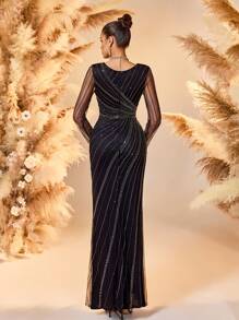 Women Elegant Black Beaded Wedding Guest Dress, Long Sleeve Striped Maxi Dress With Flowy Hem, Party Dress, Prom Dress - Black - View 3