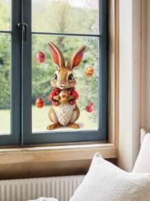 1 pieza Pegatinas de ventana con diseños de conejo de Pascua y huevos de colores, pegatinas de PVC con pintura electrostática de doble cara, diseño de lindo conejo de dibujos animados, adecuado para decoración del hogar de primavera