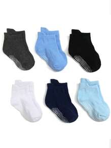 6 双儿童纯色条纹防滑点胶棉袜，春夏秋季
