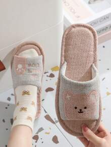 Couples Slip-On Slippers, Cute Design, Linen Upper, Soft Bottom, Absorbent, Suitable For Indoor Wear All Seasons, Spring/Summer - Pink - View 3