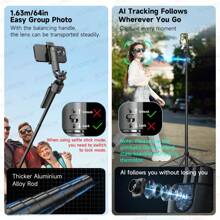 AXNEN Auto Face Tracking Tripod For Smartphones, Extendable 3 In 1 Aluminum Bluetooth Selfie Stick, 360° Rotation Phone Tripod With Wireless Remote And Phone Holder, Selfie Stick Tripod For IPhone16/15/14/13/12 Pro, Android Phone, Black
