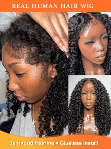 13x4 Lace Frontal Jerry Curly Human Hair Wig With 3a Hybird Hairline 180% Density Coily Curly Wig With Kinky Edges For 22 Inches Long Wig Looking Natural Brazilian Virgin Remy Hair Pre Plucked Bleached Knots