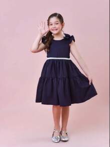 Premium Dress Charm Diva Gringa Versatile Wedding Birthday Party Round Girl Church Evangelical Fashion Baptism Young Teenager Girl Children's Gift Youth Fashion Fashion Blogger Luxury Details Sleeve Bow Beautiful Christmas New Year - 藏蓝色 - 查看 1