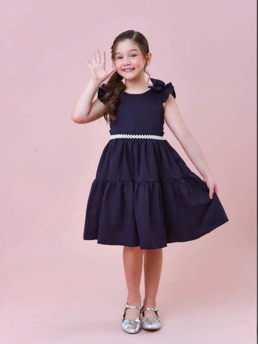 Premium Dress Charm Diva Gringa Versatile Wedding Birthday Party Round Girl Church Evangelical Fashion Baptism Young Teenager Girl Children's Gift Youth Fashion Fashion Blogger Luxury Details Sleeve Bow Beautiful Christmas New Year - 藏蓝色 - 查看 1