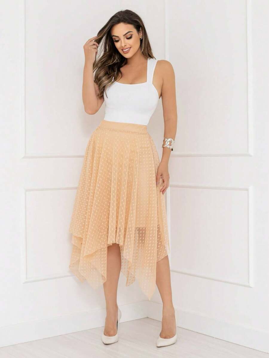 Elegance Polka Dot Tulle Midi Skirt Code 127 - Beige - View 1