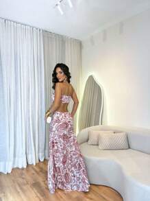 Women's Long Dress Cintia - Red and White - View 3