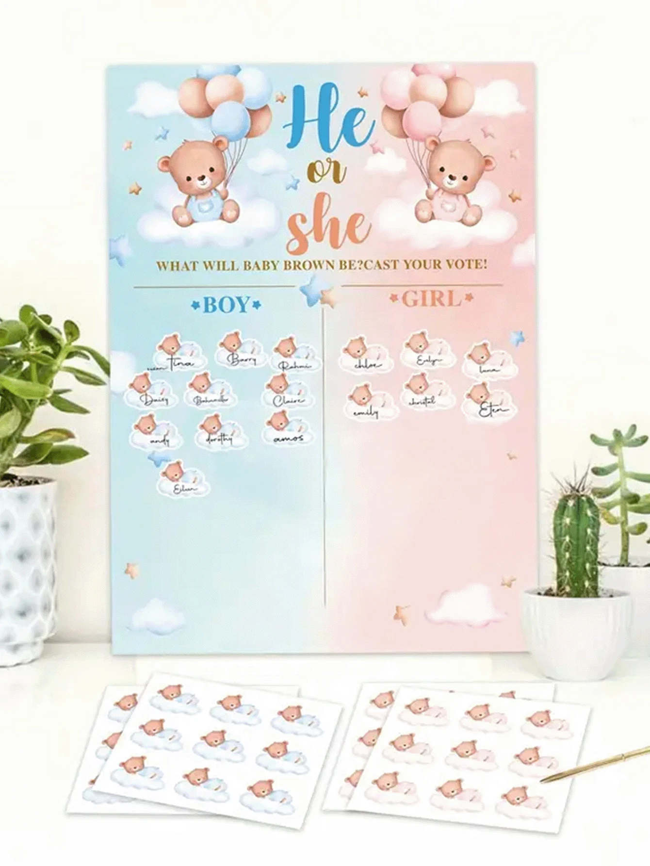 一套性别揭晓泰迪熊海报，泰迪熊主题宝宝性别揭晓投票海报派对游戏套装，男孩或女孩宝宝性别揭晓海报，包含36张粉色和蓝色泰迪熊投票贴纸 - 彩色 - 查看 1