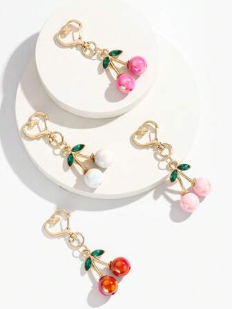 全新手工 DIY 可爱 3D 白色彩色樱桃吊坠饰品逼真水果吊饰粉色和红色樱桃车钥匙包挂件节日创意礼物适合日常使用伴娘礼物夏季
