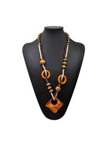 1 Stück Boho Holzperlen Quadratischer geschnitzter Blattanhänger Halskette, exquisite vintage handgefertigte gewebte Kokosnuss Rundperlen lange Ketten Halskette, luxuriöser Schmuck geeignet für elegante Damen, Mädchen, Party, Strand, Urlaub, Zusammenkünfte