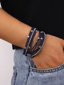 1Pc Strap Round Buckle Design Rhinestone-Studded Multi-Layer PU Leather Cord Bracelet For Women Mom Gift Christmas Thanksgiving Halloween Wedding Rave/Prom/Party/Daily/Beach Accessories Gift For Anniversary Valentine's Day Boho Jewelry Birthday Bridesmaid Gifts