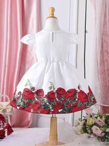 Young Girls Rose Pattern Decorative Waist Round Neck Summer Dress - Red - View 2