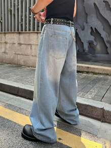 HEHCN Men's Washed Light Blue Wide Leg Casual Loose Jeans, Street-Style Pants, Suitable As Gifts For Husband Or Boyfriend