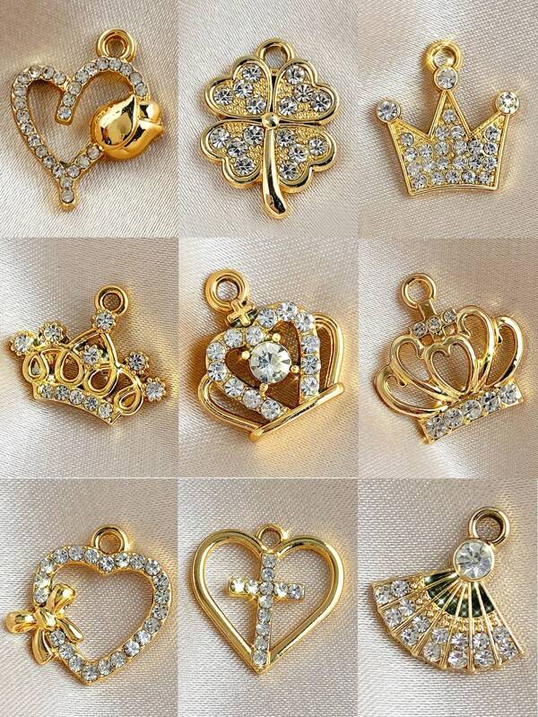 10 piezas de dijes de aleación con strass en forma de corazón, corona y trébol, adecuados como accesorios para pendientes, pulseras y collares