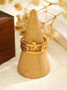 1pc Stainless Steel Golden Vintage Star & Moon Shaped Open Ring, Lovely Gift For Women, Suitable For Everyday, Party, Date, Holiday Wear