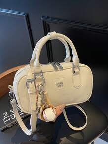 New Large Capacity Soft Leather Boston Tote Bag With Plush Doll Charm Decor, Crossbody Ladies Handbag, Suitable For Commute, Autumn/Winter