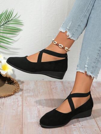 Frauen Modische Keilabsatz Lässige Schuhe mit rundem Zehenbereich und gekreuztem elastischen Band für Frühling/Herbst
