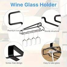 1个橱柜下酒杯架，厨房悬挂式金属玻璃杯收纳架，免钉玻璃杯整理架，黑色，节省空间，安装简便，防滑，适用于家庭、酒吧、厨房、咖啡馆、办公室和酒店，价格实惠