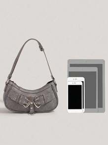 1 件 PU 皮革简约新月形单肩包/腋下包，百搭休闲/办公手提包，Y2K 风格斜挎包 - 灰色 - 查看 4