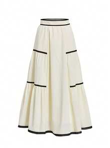 女士撞色滚边休闲半身裙，适合春夏穿着