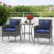 3-Piece Patio Furniture Set PE Wicker Conversation Bistro Set W/ A Tempered Glass Table - Navy - View 1