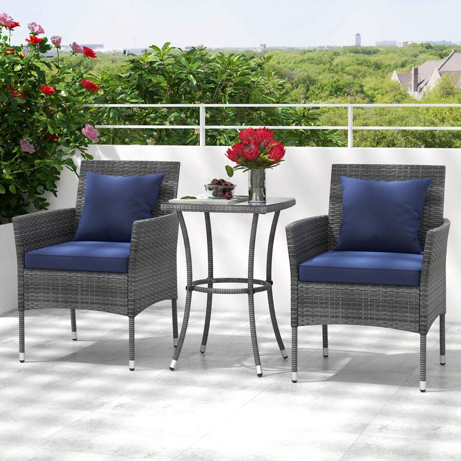 3-Piece Patio Furniture Set PE Wicker Conversation Bistro Set W/ A Tempered Glass Table - Navy - View 1