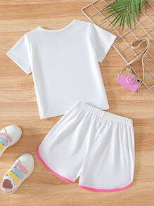 2pcs Young Girl Casual Solid Color Heart Pattern Colorblock Short Sleeve Top And Shorts Set, Summer Outfit For Everyday Wear - White - View 2