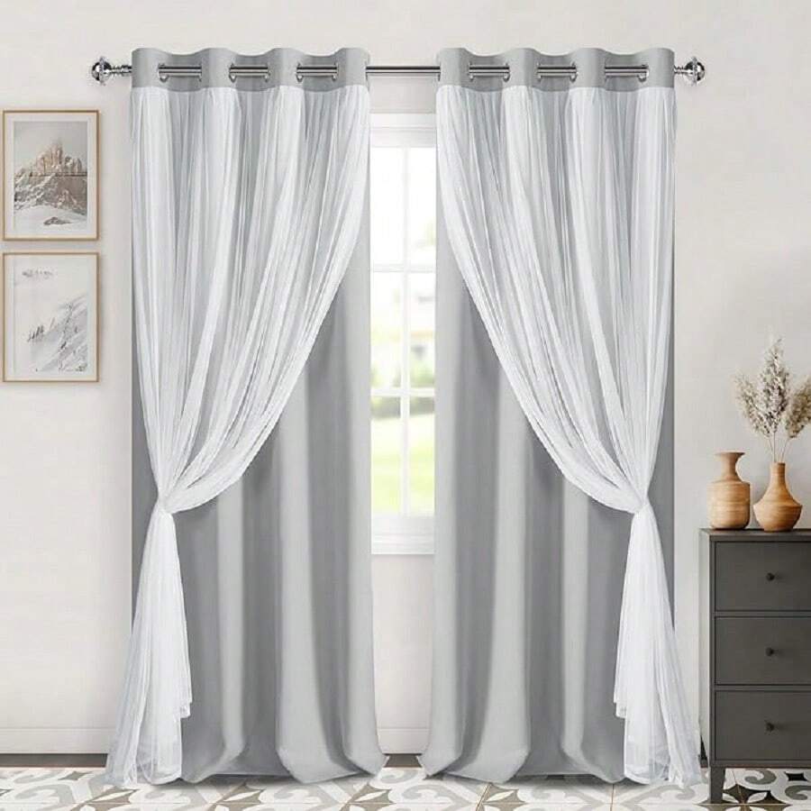 DWCN 2pcs Layered Curtains For Living Room Blackout And Sheer Curtains Grommet Top Window Curtains With Sheer Overlay For Bedroom - Bạc Xám - Xem 1